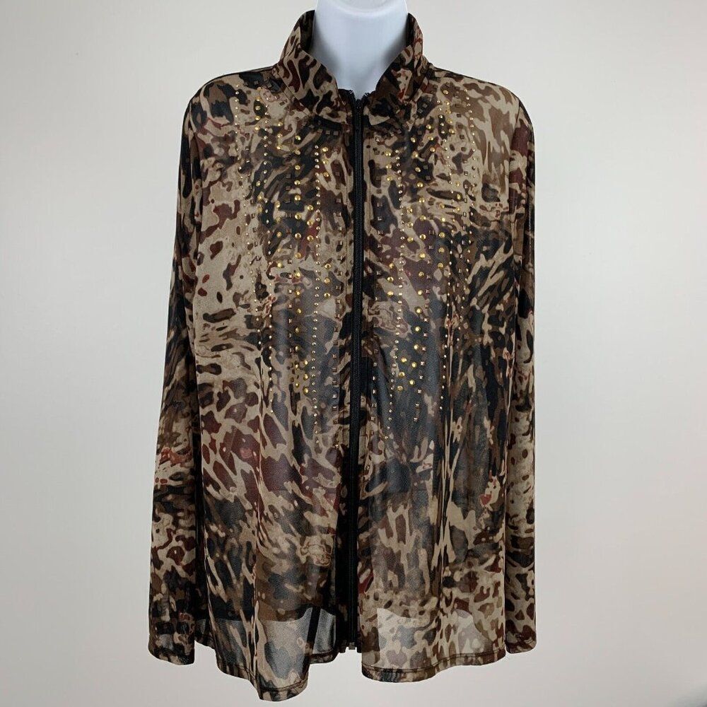 Chico's Travelers Top 2 (12) Camo Print Studded Zip Front Semi-sheer Long Sleeve